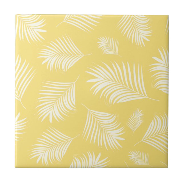 Palm Leaf White Yellow Tropical Pattern Ceramic Tile (Front)