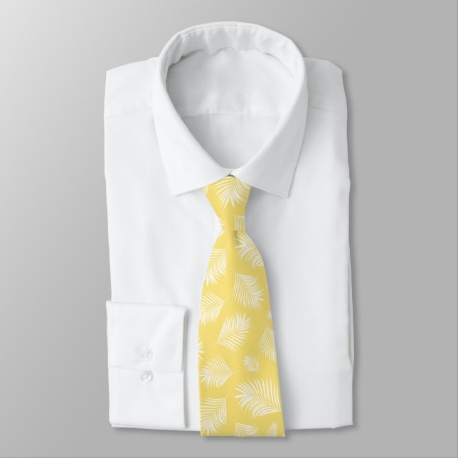 Palm Leaf White Yellow Tropical Pattern Neck Tie (Tied)