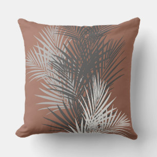 Palm leaves, abstract, modern design, terracotta outdoor pillow