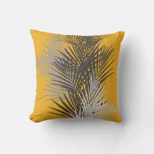 Palm leaves abstract modern mustar yellow grey outdoor pillow