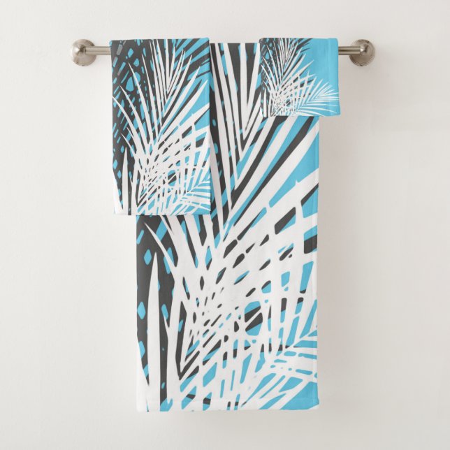 Palm leaves, abstract, modern, teal, grey, white bath towel set (Insitu)