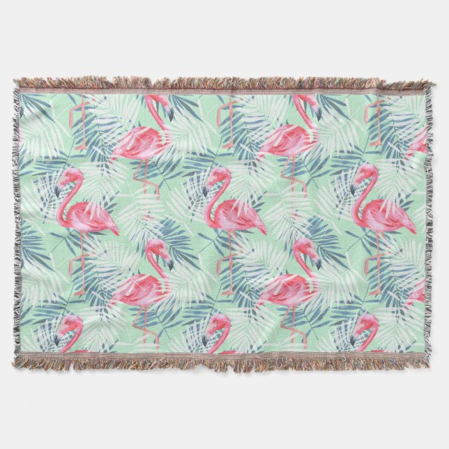 Palm leaves and flamingos throw blanket (Front)