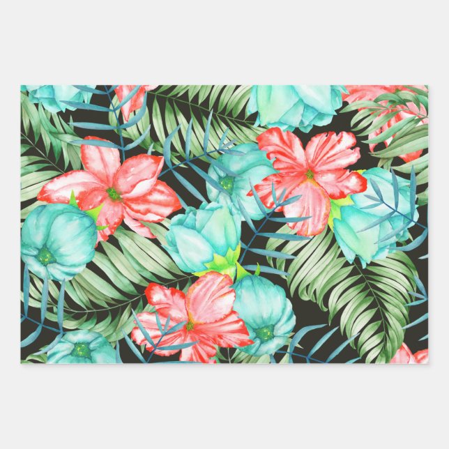 Palm Leaves And Flowers Wrapping Paper Sheets (Front)