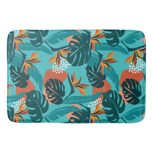 Palm leaves and hibiscus flower tropical pattern bath mat