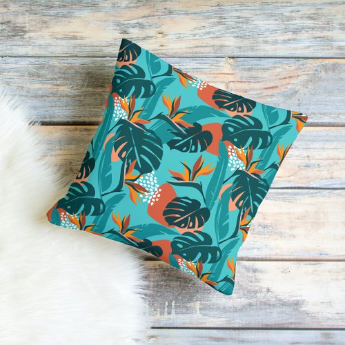 Palm leaves and hibiscus flower tropical pattern throw pillow