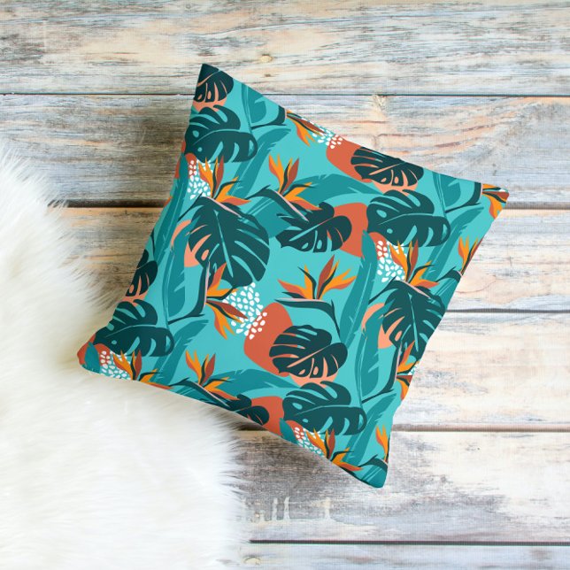 Palm leaves and hibiscus flower tropical pattern throw pillow (Creator Uploaded)