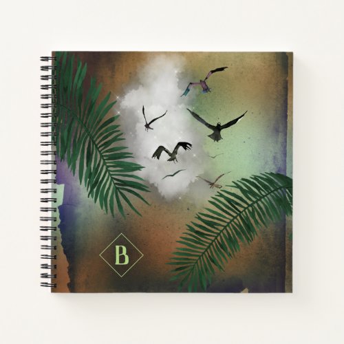 Palm Leaves and Seagulls on Rust and Green Grunge Notebook