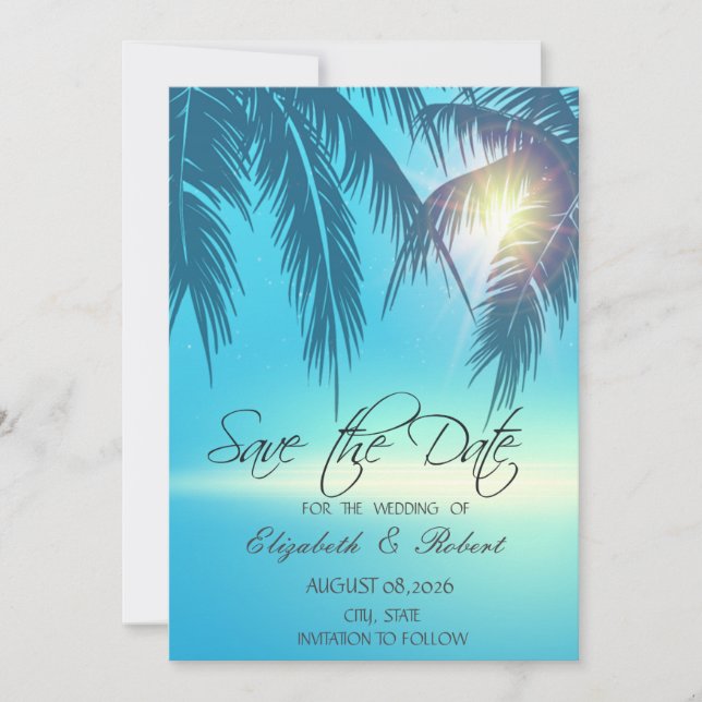 Palm Leaves Beach Blue Save The Date (Front)