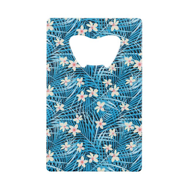 Palm Leaves Blue Pattern Credit Card Bottle Opener (Front)