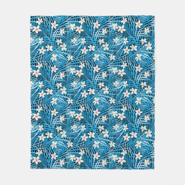 Palm Leaves Blue Pattern Fleece Blanket (Front)