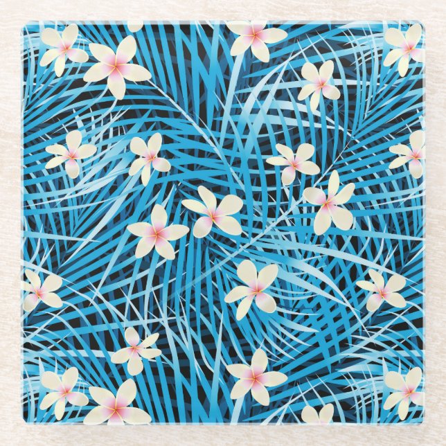 Palm Leaves Blue Pattern Glass Coaster (Front)