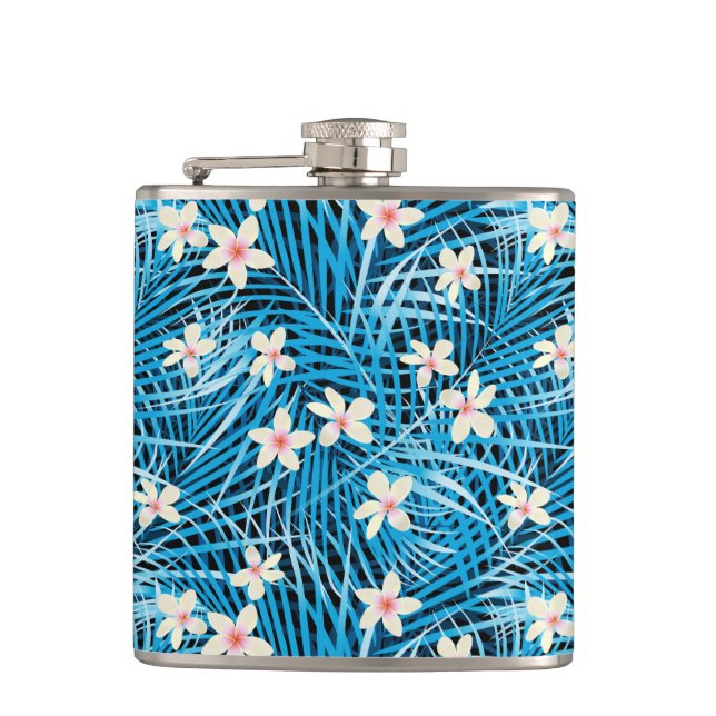 Palm Leaves Blue Pattern Hip Flask (Front)
