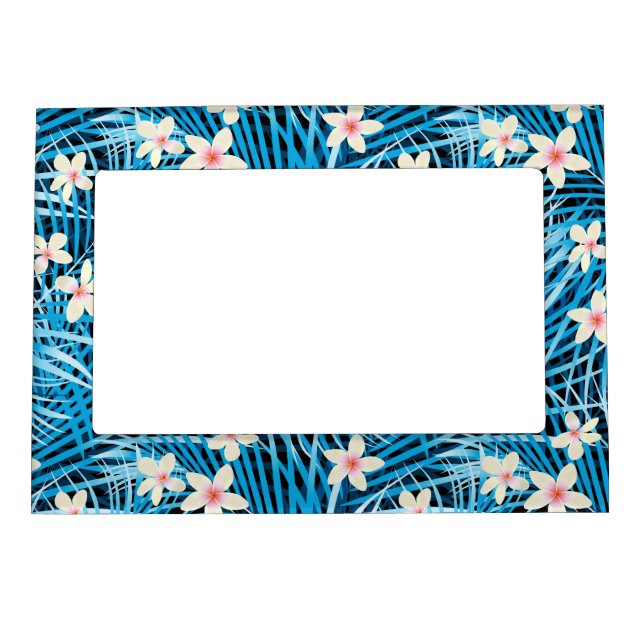 Palm Leaves Blue Pattern Magnetic Picture Frame (Front)