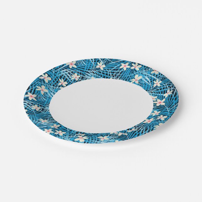 Palm Leaves Blue Pattern Paper Plates (Angled)
