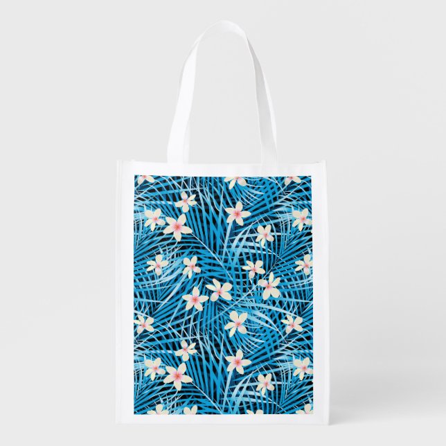 Palm Leaves Blue Pattern Reusable Grocery Bag (Front)