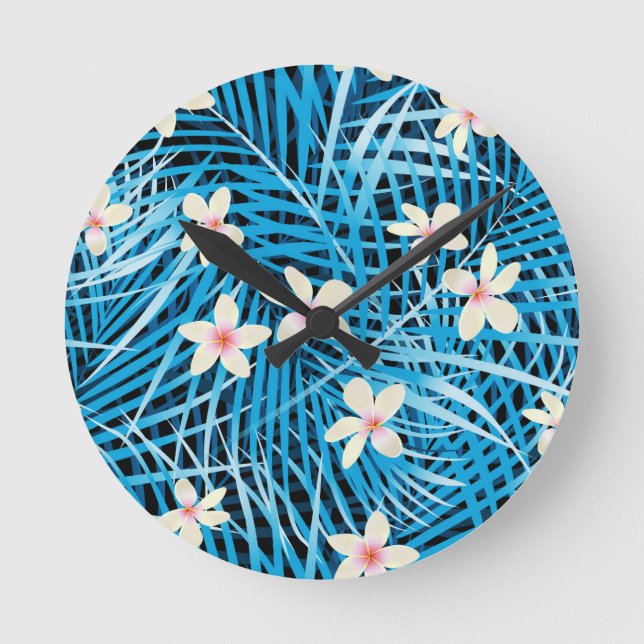 Palm Leaves Blue Pattern Round Clock (Front)