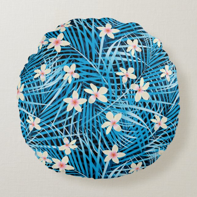 Palm Leaves Blue Pattern Round Pillow (Front)