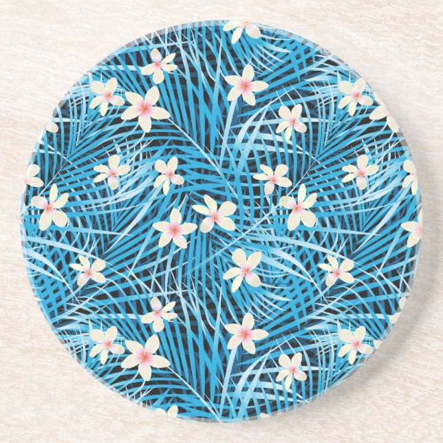 Palm Leaves Blue Pattern Sandstone Coaster (Front)