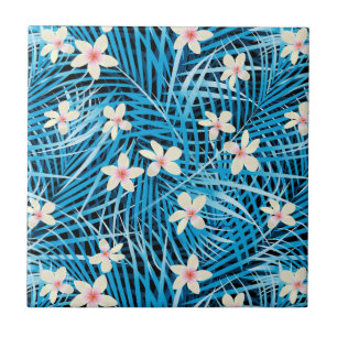 Palm Leaves Blue Pattern Tile