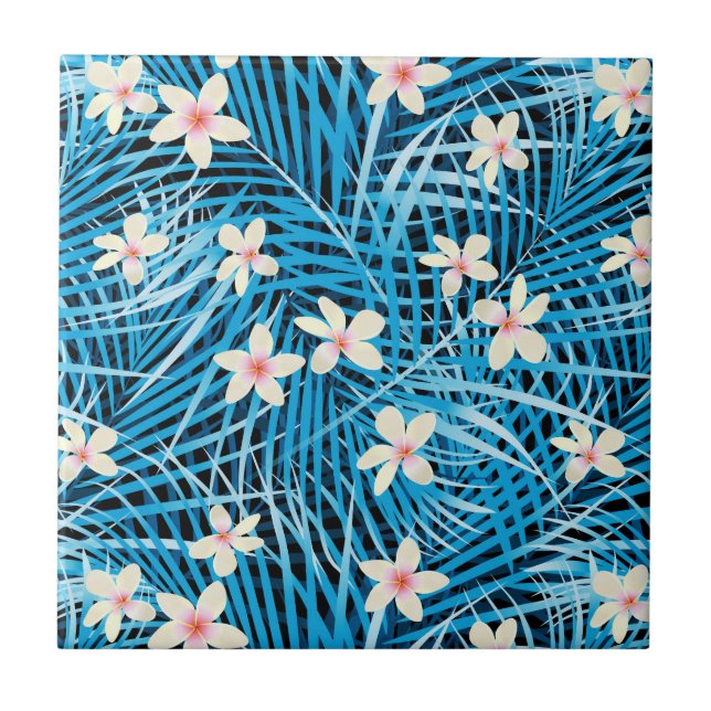 Palm Leaves Blue Pattern Tile (Front)