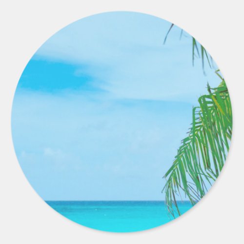 Palm Leaves Blue Sky Sea Clouds Blank Template Classic Round Sticker