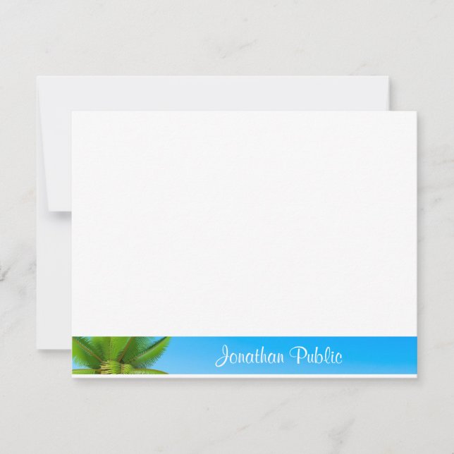 Palm Leaves Blue Sky White Clouds Hand Script Note Card (Front)
