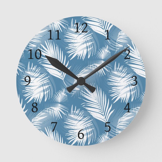 Palm Leaves Blue White Design 272 Round Clock (Front)