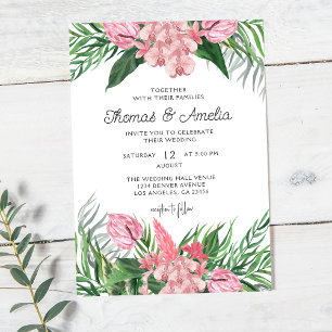Palm Leaves Blush Floral   Modern Tropical Wedding Invitation