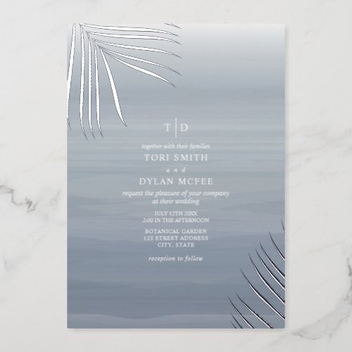 Palm Leaves Chambray Watercolor Beach Wedding Foil Invitation