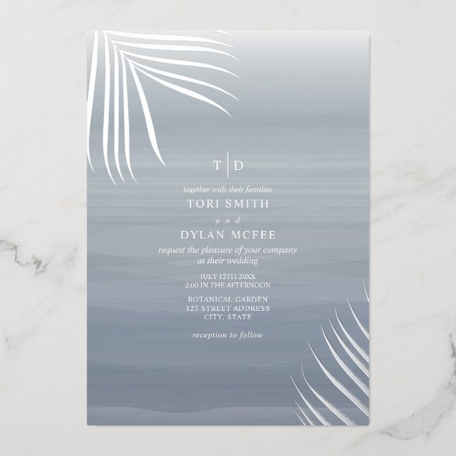 Palm Leaves Chambray Watercolor Beach Wedding Foil Invitation (Front)