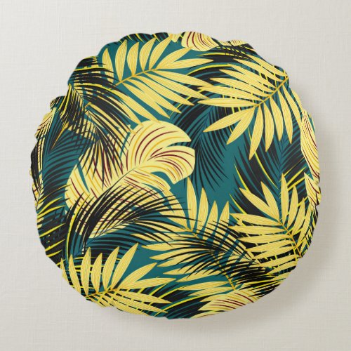 Palm Leaves Dark Vintage Tropical Round Pillow