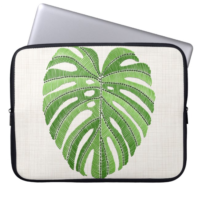 Palm leaves embroidered. Green Tropical Monstera l Laptop Sleeve (Front)
