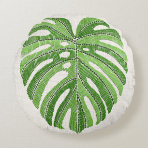 Palm leaves embroidered. Green Tropical Monstera l Round Pillow