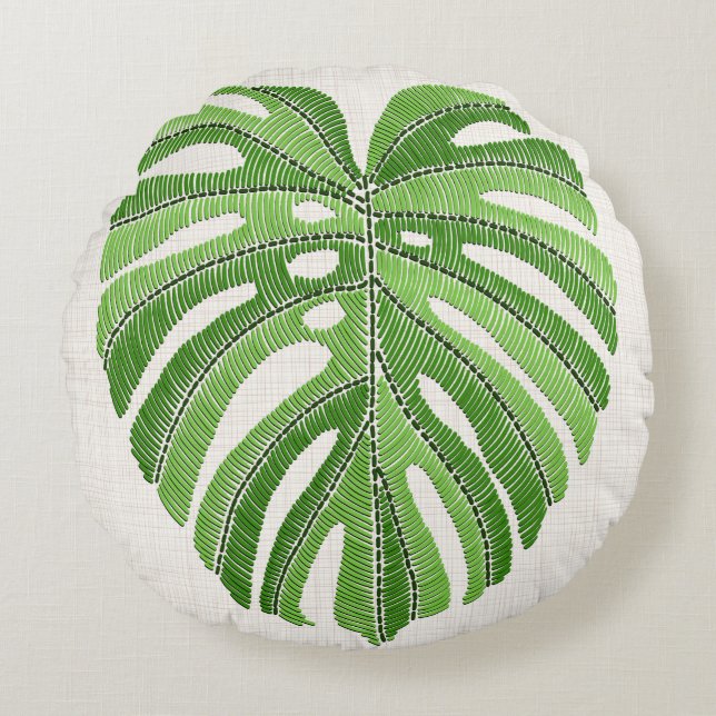 Palm leaves embroidered. Green Tropical Monstera l Round Pillow (Front)
