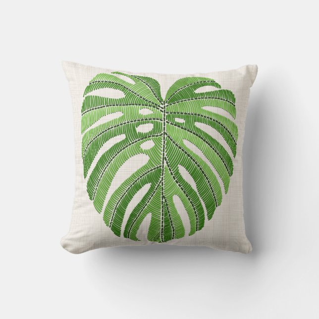 Palm leaves embroidered. Green Tropical Monstera l Throw Pillow (Front)