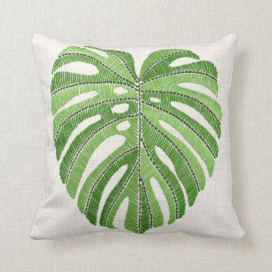 Palm leaves embroidered. Green Tropical Monstera l Throw Pillow