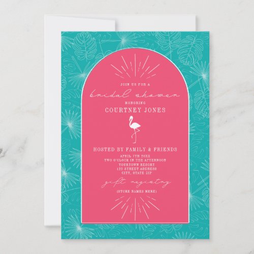Palm Leaves Flamingo Pink Blue Bridal Shower Invitation