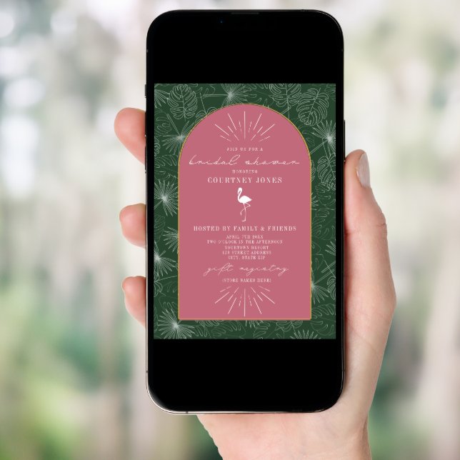 Palm Leaves Flamingo Pink Green Bridal Shower Invi Invitation (Front Digital)