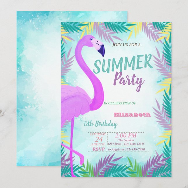 Palm Leaves, Flamingo, Summer  Birthday Party Invitation (Front/Back)