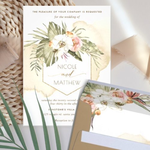 Palm Leaves Floral and Cream Watercolor Wedding Invitation