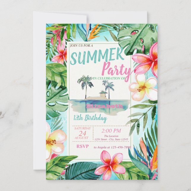 Palm Leaves Flowers,Island  Birthday Party Invitation (Front)