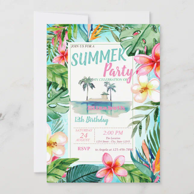 Palm Leaves Flowers,Island Birthday Party Invitation Zazzle