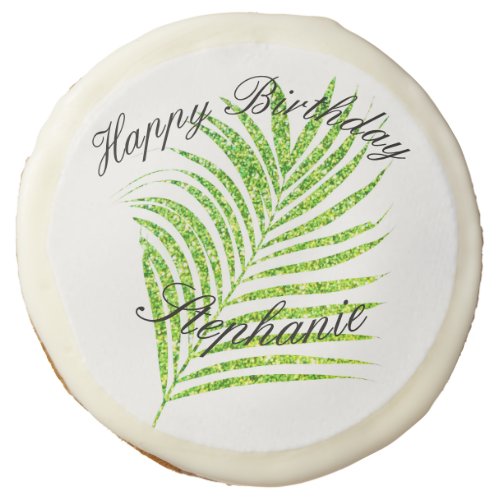 Palm Leaves Glittery Green Custom Name Birthday Sugar Cookie