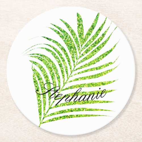 Palm Leaves Glittery Green Custom Name Cool Round Paper Coaster