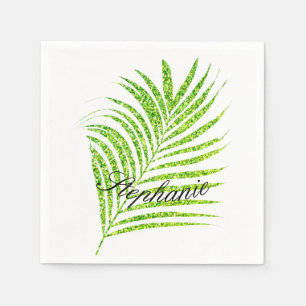 Palm Leaves Glittery Green Custom Name Cute Napkins