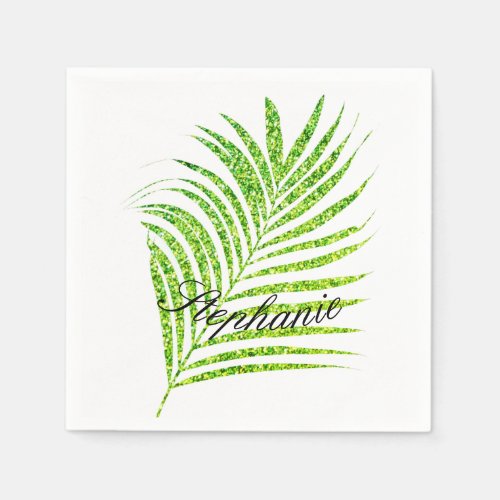 Palm Leaves Glittery Green Custom Name Cute Napkins