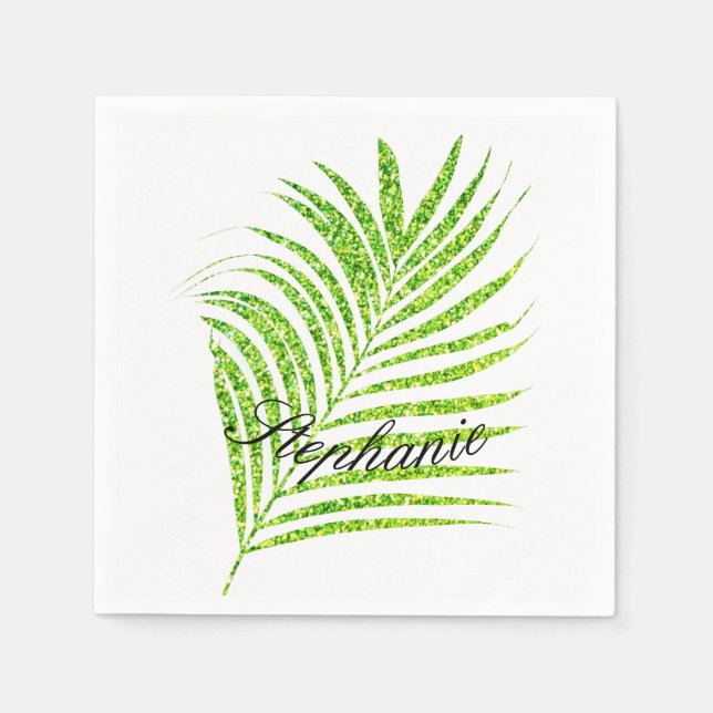 Palm Leaves Glittery Green Custom Name Cute Napkins (Front)
