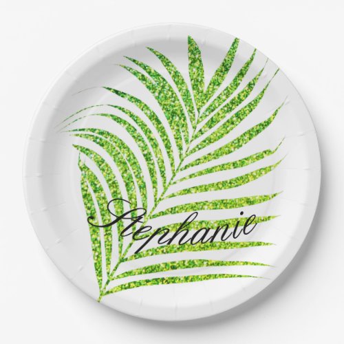 Palm Leaves Glittery Green Custom Name Cute Paper Plates