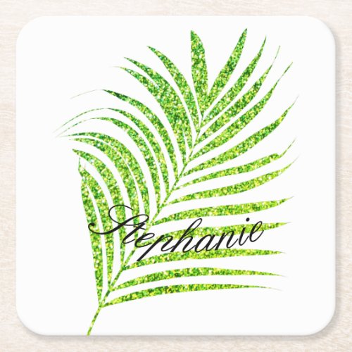 Palm Leaves Glittery Green Custom Name Cute Square Paper Coaster