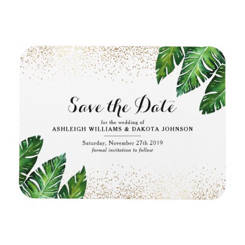 Palm Leaves & Gold Confetti on White Save The Date Magnet - Create your own "Palm Leaves & Gold Confetti on White Save The Date" by Eugene Designs.